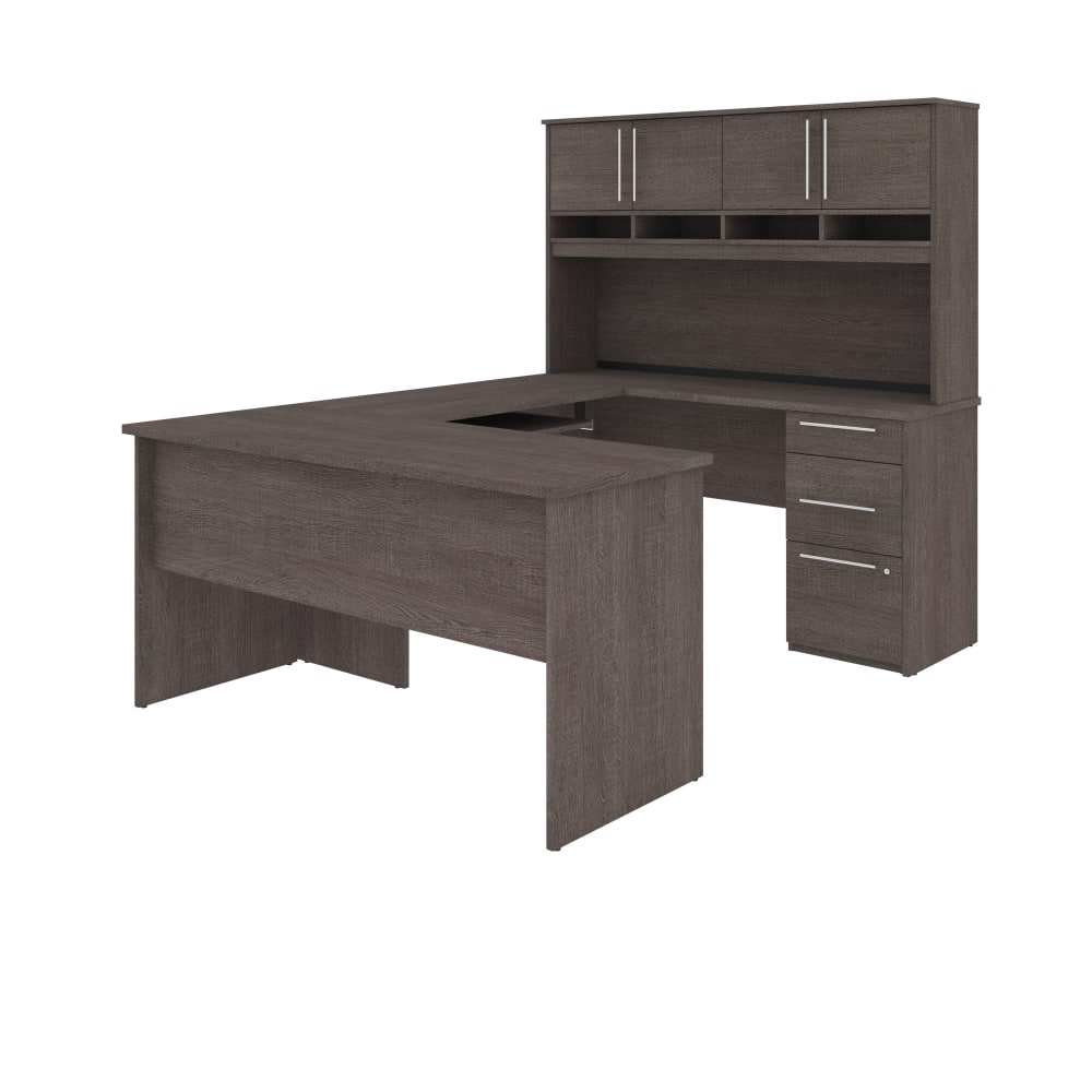 Bestar Innova 83inW U- Or L-Shaped Corner Desk With Hutch, Bark Gray