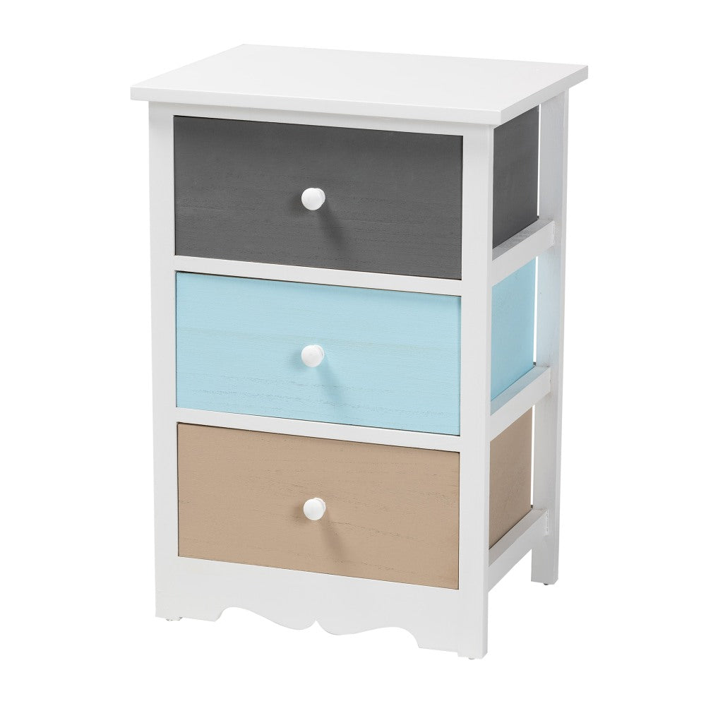 Baxton Studio Kalila 3-Drawer Nightstand, White/Multicolor