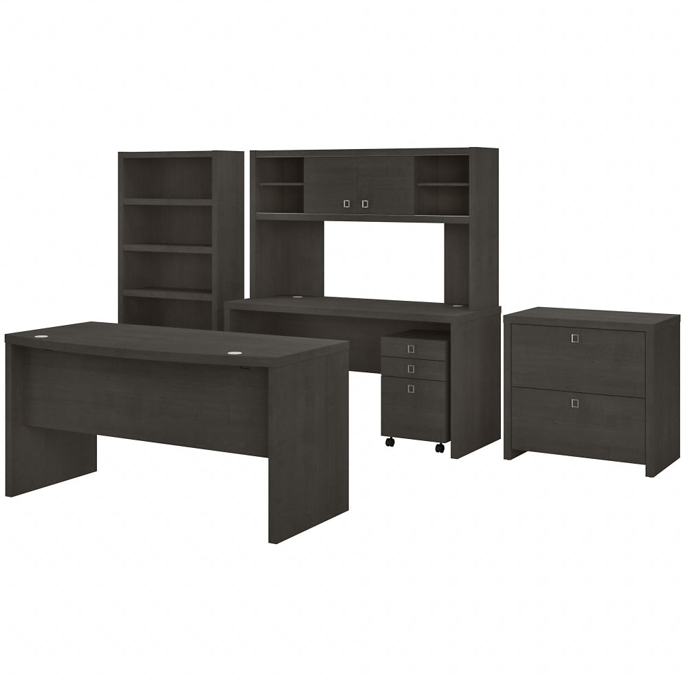 Bush Business Furniture Echo 60inW Bow-Front Computer Desk, Credenza With Hutch, Bookcase And File Cabinets, Charcoal Maple, Standard Delivery