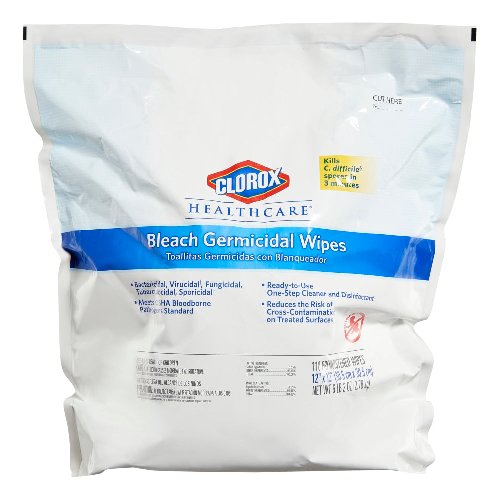 Clorox Healthcare Bleach Germicidal Wipes Refill - Ready-To-Use Wipe - 110 / Bag - 1 Each - White