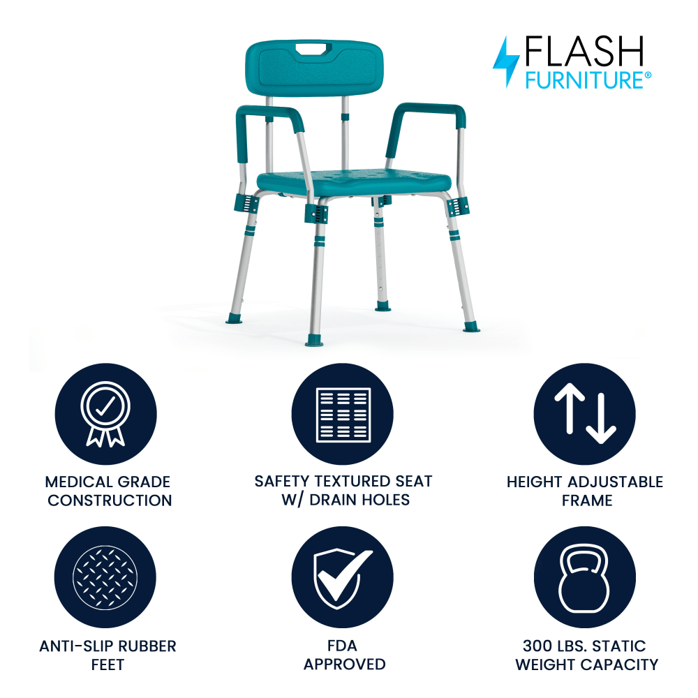 Flash Furniture Hercules Adjustable Bath And Shower Chair With Quick-Release Back And Arms, 34-3/4inH x 20-3/4inW x 19-3/4inD, Teal