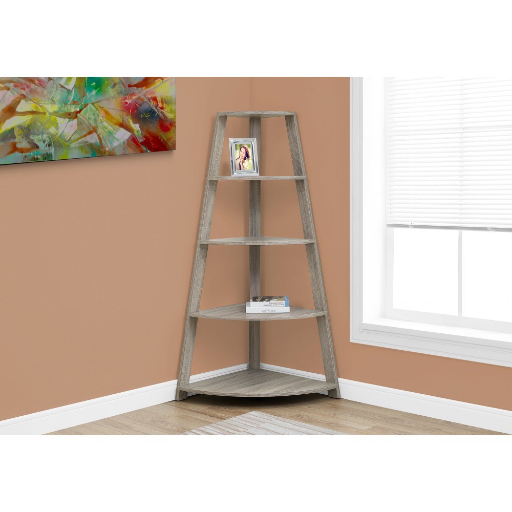 Monarch Specialties 60inH 4-Shelf Etagere Corner Bookcase, Dark Taupe