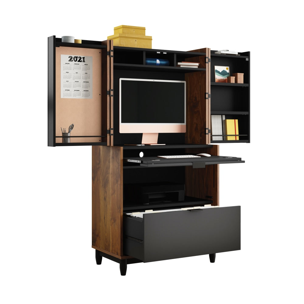 Sauder Harvey Park Computer Armoire, 59-5/8inH x 18-1/2inW x 20-5/16inD, Grand Walnut/Black