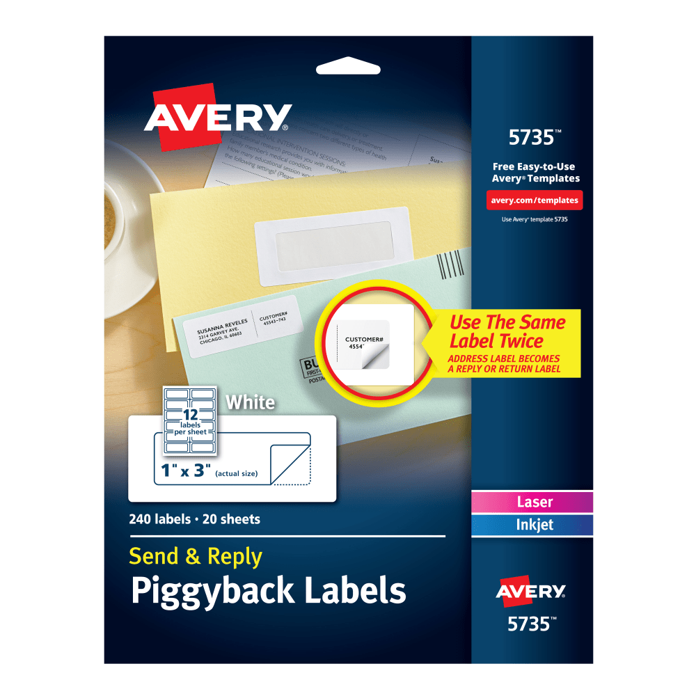 Avery Send & Reply Piggyback Labels 5735, AVE5735, 1in x 3in, White, Pack of 240