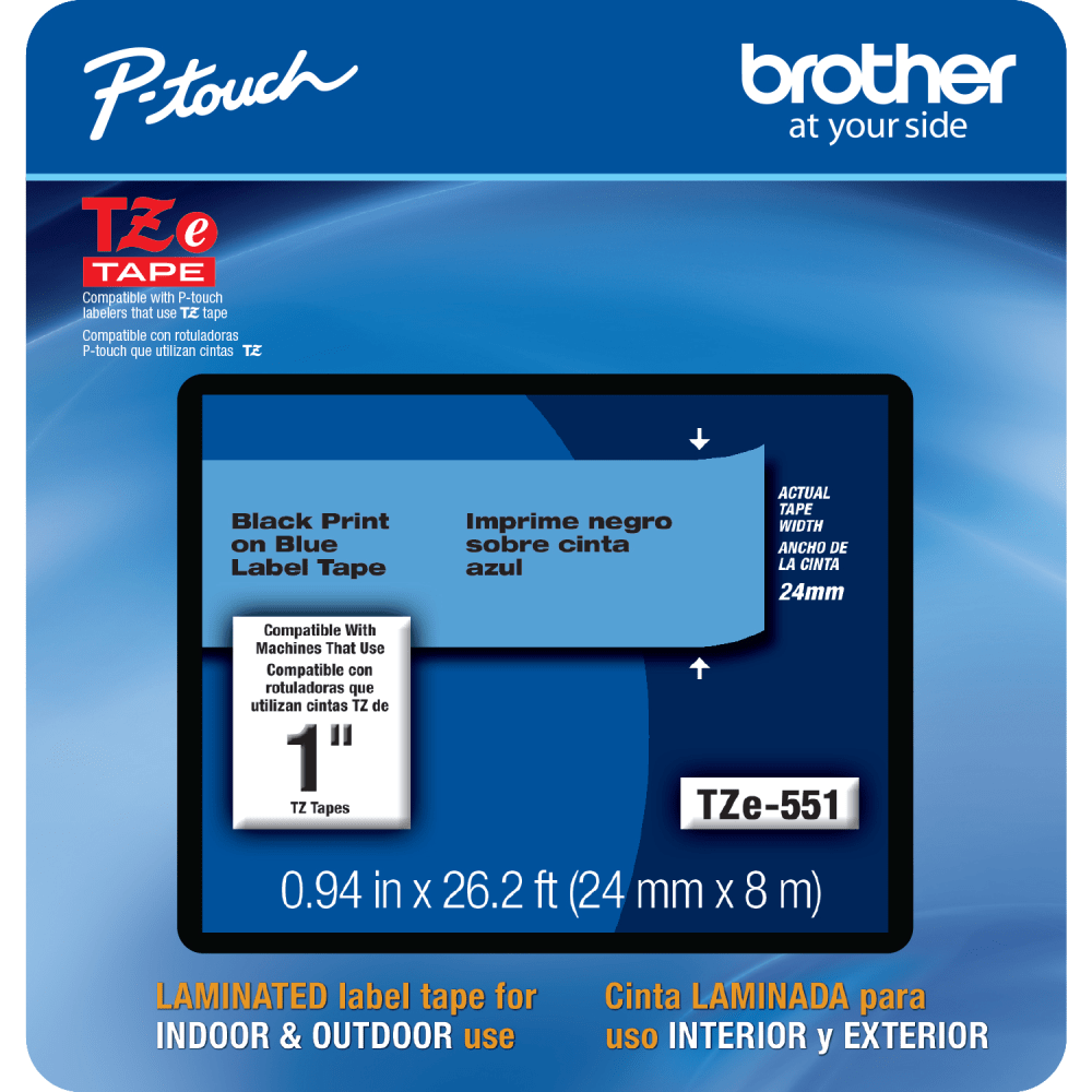 Brother TZE551CS Genuine P-Touch Laminated Label Tape, 1in x 26-1/4ft, Black/Blue