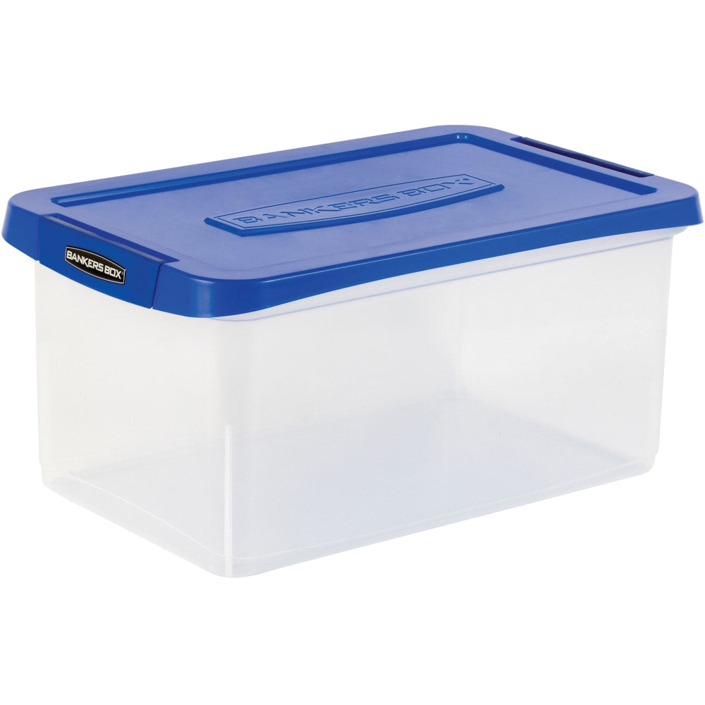 Bankers Box Heavy-Duty Plastic Storage Bin, Extra Deep 20in Letter-size, 10-3/8in x 14-1/4in, TAA Compliant, Clear/Blue, Pack of 1