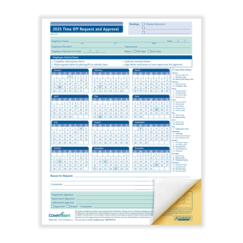 ComplyRight 2024 Time Off Request And Approval Forms, 2-Part, 8 1/2in x 11in, White, Pack Of 50