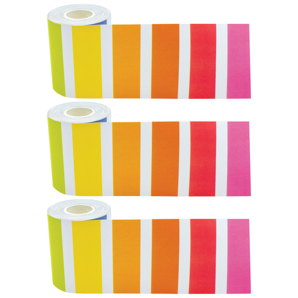 Teacher Created Resources Straight Rolled Border Trim, Colorful Stripes, 50' Per Roll, Pack Of 3 Rolls