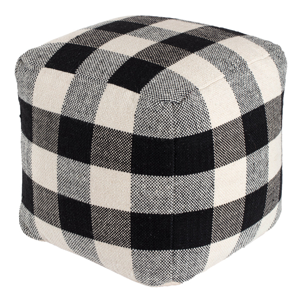 Anji Mountain Chinese Checks Pouf Ottoman, Ivory/Black