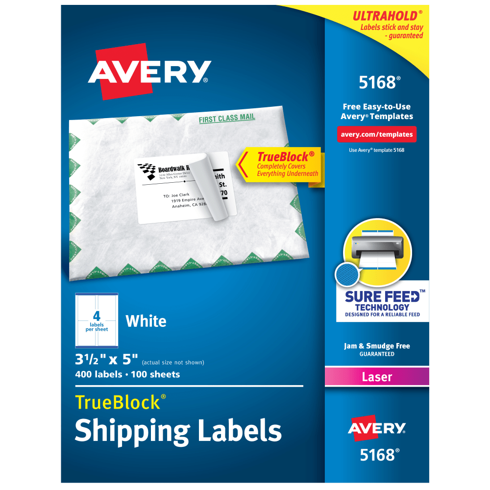 Avery TrueBlock Shipping Labels With Sure Feed Technology, 5168, Rectangle, 3-1/2in x 5in, White, Pack Of 400