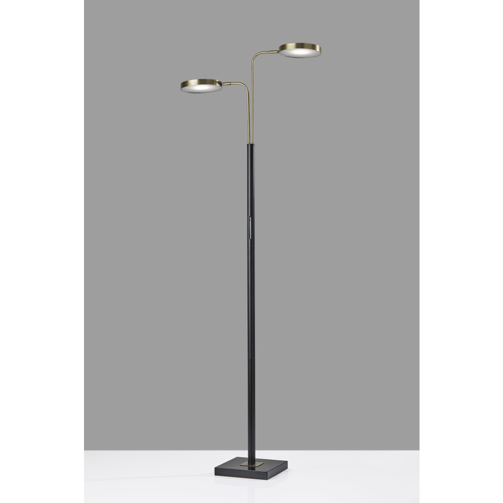 Adesso Rowan 2-Light LED Floor Lamp, 71inH, Antique Brass Shade/Black Base