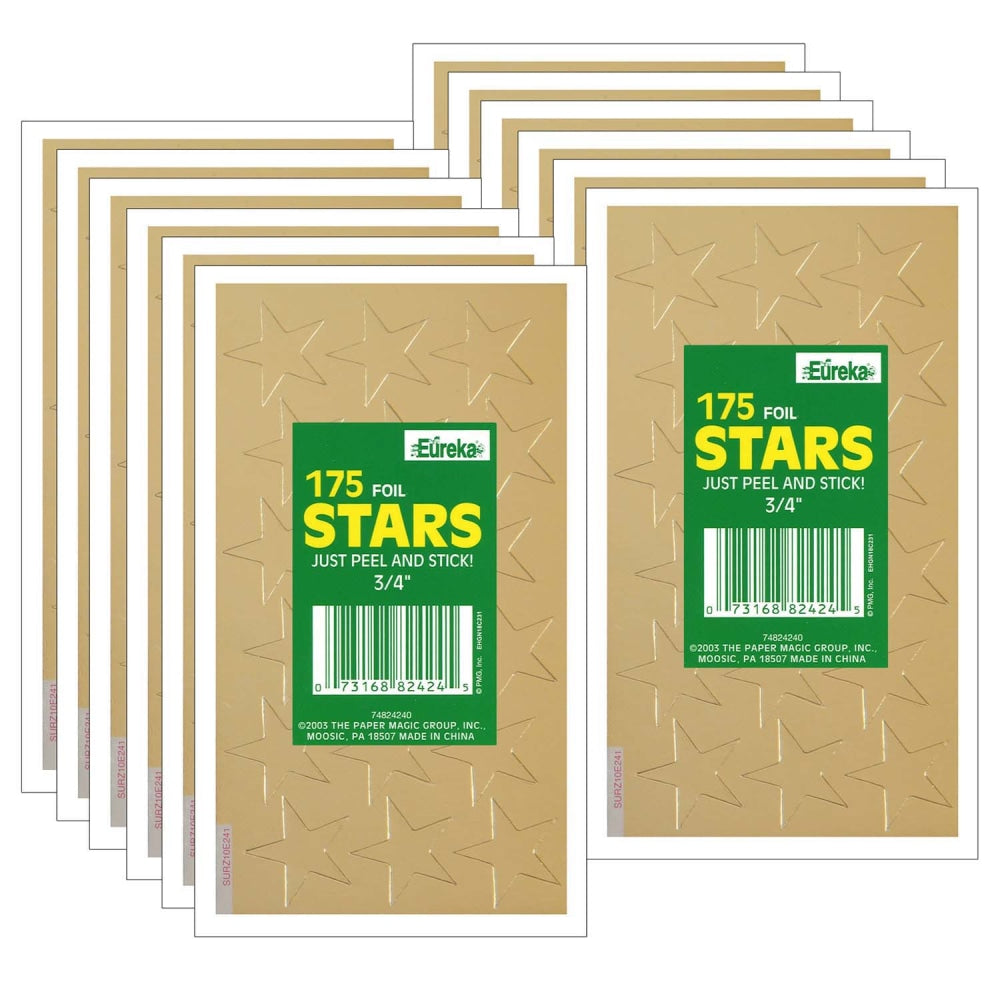 Eureka Presto-Stick Foil Star Stickers, 3/4in, Gold, 175 Stickers Per Pack, Set Of 12 Packs