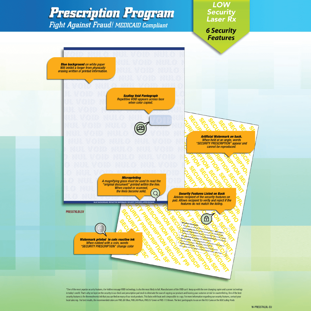 Medicaid-Compliant Basic Security Laser Prescription Forms, Full Sheet, 1-Up, 8-1/2in x 11in, Blue, Pack Of 2,500 Sheets