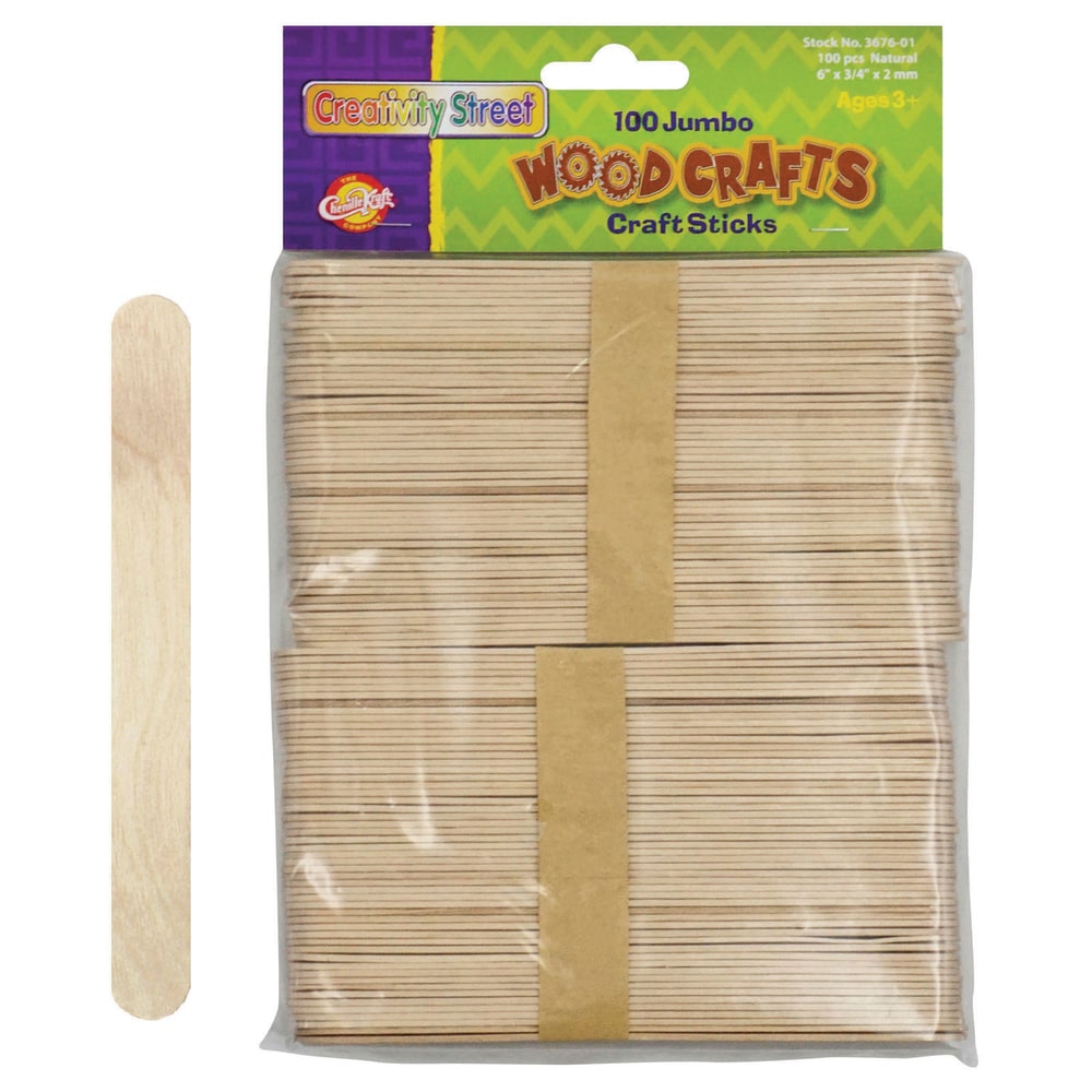 Creativity Street Jumbo Craft Sticks, 6in x 3/4in, Natural Wood, 100 Sticks Per Pack, Pack Of 12 Packs