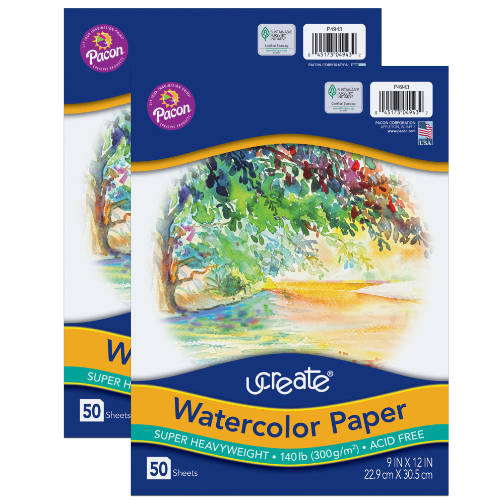 Pacon UCreate Watercolor Paper, 9in x 12in, White, 50 Sheets Per Pack, Case Of 2 Packs