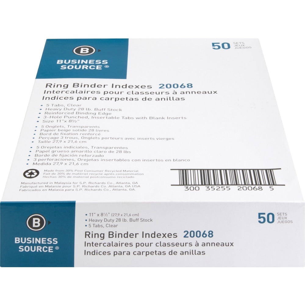 Business Source Buff Stock Ring Binder Indexes - 5 x Divider(s) - Blank Tab(s) - 5 Tab(s)/Set2in Tab Width - 8.5in Divider Width x 11in Divider Length - Letter - 3 Hole Punched - Buff Buff Paper Divider - Clear Tab(s) - 250 / Box