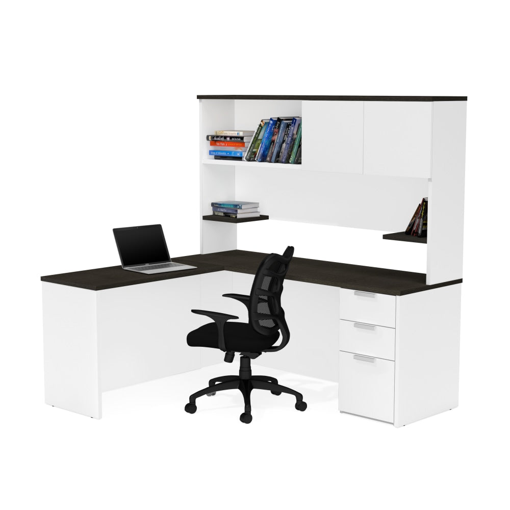 Bestar Pro-Concept Plus 72inW L-Shaped Corner Desk With Pedestal And Hutch, White/Deep Gray