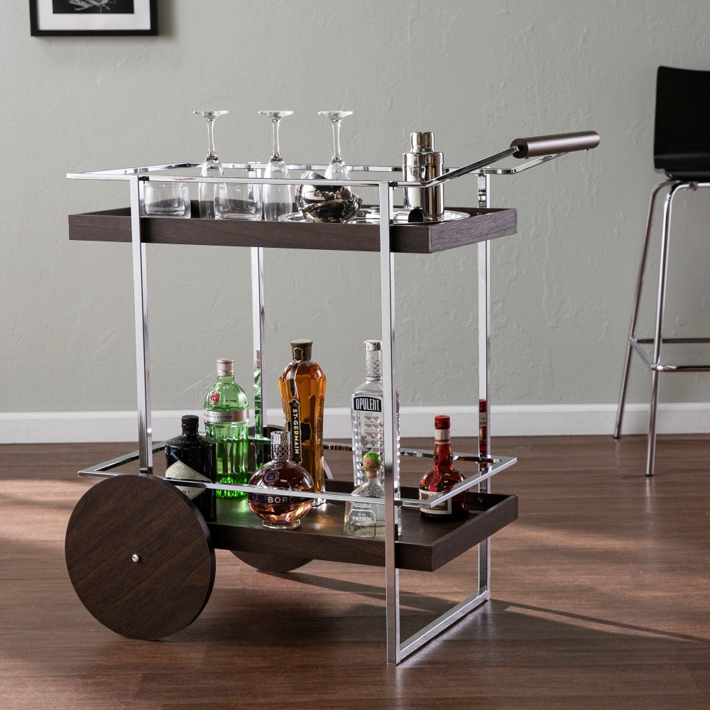 SEI Dorben Rolling Bar Cart, 35inH x 34-1/4inW x 19-1/2inD, Dark Brown/Chrome