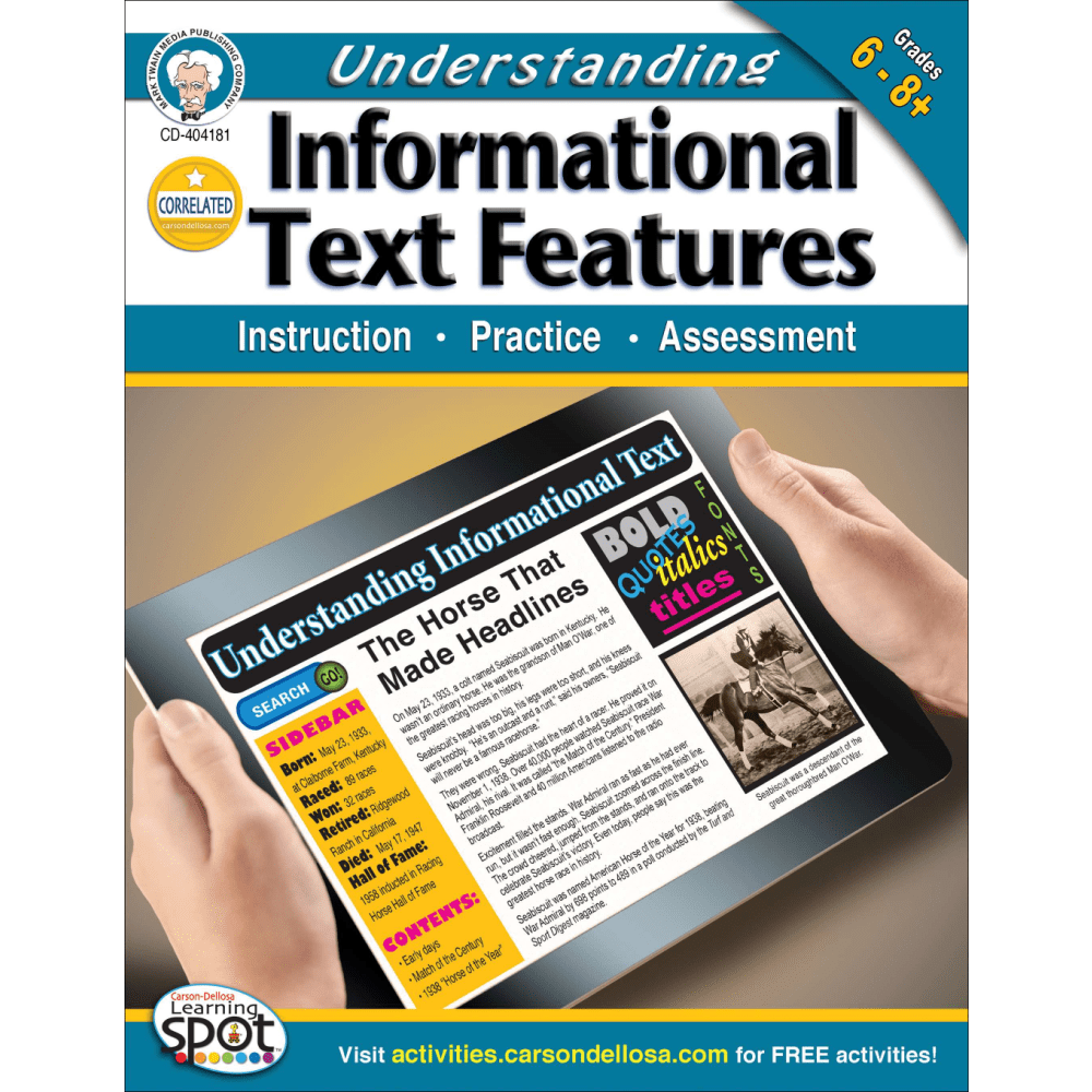 Mark Twain Understanding Informational Text Features Workbook, Grades 6-8+