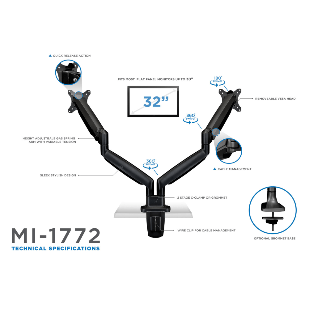 Mount-It! MI-1772B Dual-Monitor Arm Mount, 18inH x 22inW x 5inD, Black