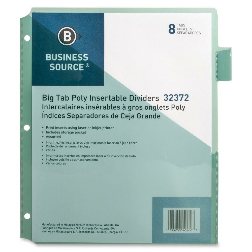 Business Source Pocket Index Dividers - 8 Print-on Tab(s) - 8.5in Divider Width x 11in Divider Length - Letter - Plastic Divider - Multicolor Tab(s) - Insertable - 8 / Set