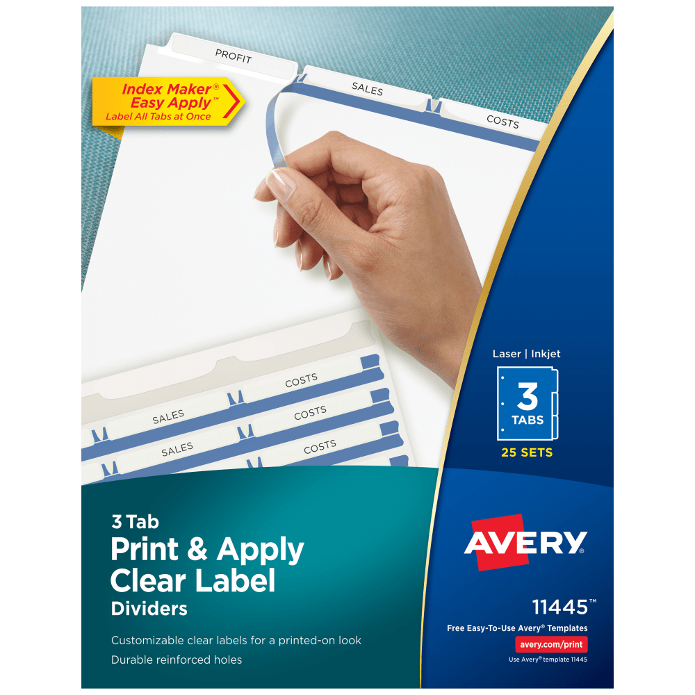 Avery Customizable Index Maker Dividers For 3 Ring Binder, Easy Print & Apply Clear Label Strip, 3 Tab, White, Box Of 25 Sets