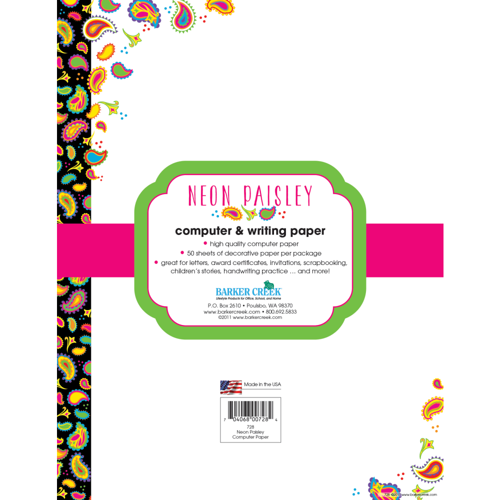 Barker Creek Computer Paper, 8 1/2in x 11in, Neon Paisley, Pack Of 50 Sheets