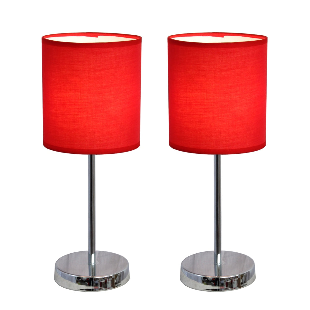 Simple Designs Mini Basic Table Lamp with Fabric Shade, 11inH, Red/Chrome, 2pk