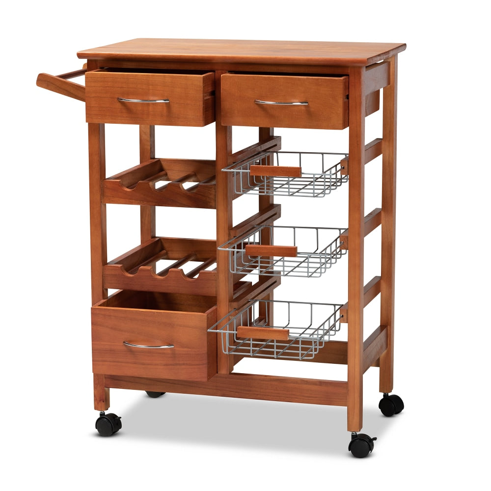 Baxton Studio Crayton Mobile Kitchen Storage Cart, 31-1/2inH x 23-5/8inW, Oak Brown/Silver