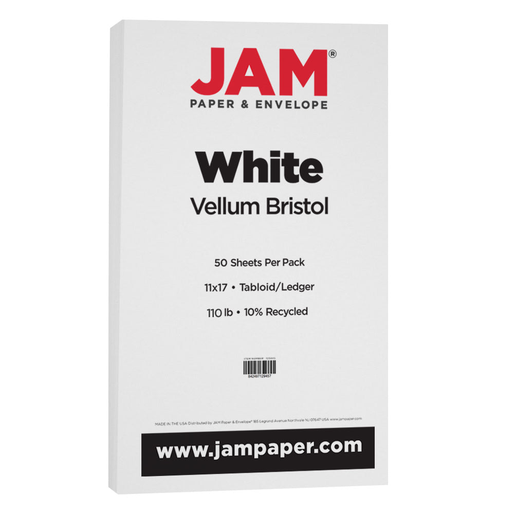 JAM Paper Vellum Bristol Card Stock, White, Ledger (11in x 17in), 110 Lb, Pack Of 50