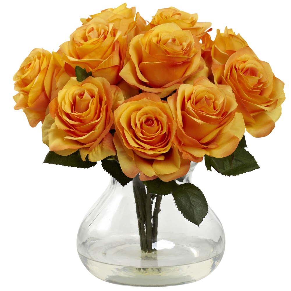 Nearly Natural Rose 11inH Plastic Floral Arrangement With Vase, 11inH x 11inW x 11inD, Orange Yellow