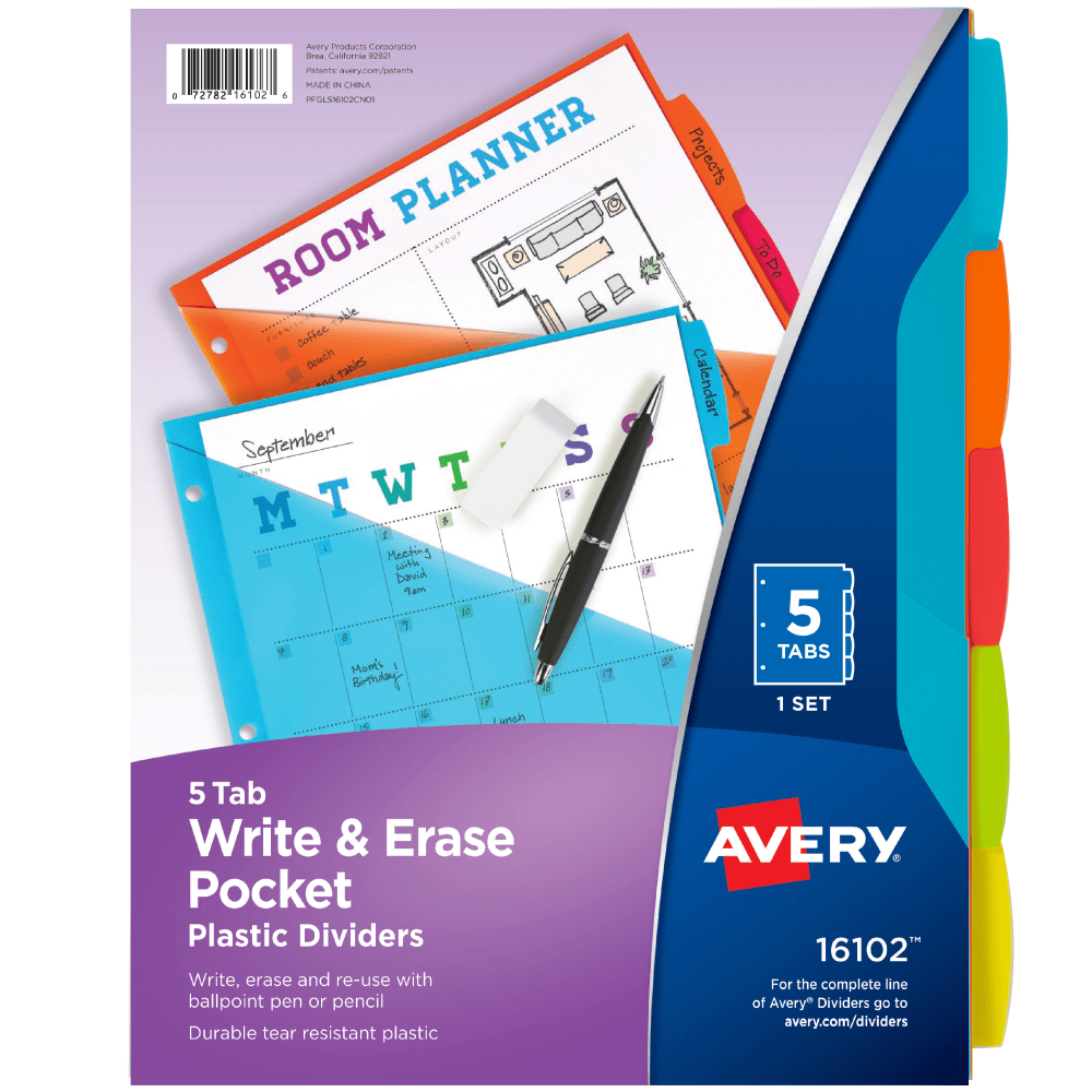 Avery Write & Erase Durable Plastic Dividers With Pockets, 8-1/2in x 11in, Multicolor, Pack Of 5 Dividers