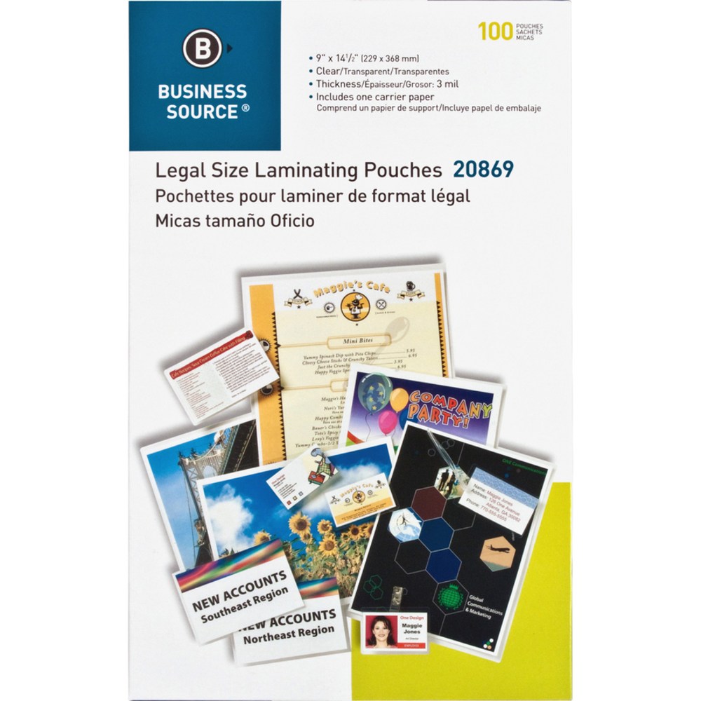 Business Source 3 mil Legal-Size Laminating Pouches - Laminating Pouch/Sheet Size: 9in Width x 14.50in Length x 3 mil Thickness - for Document, ID Badge, Photo, Menu - Clear - 100 / Box