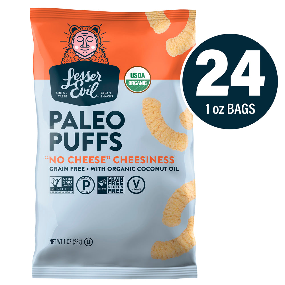 LesserEvil Paleo Puffs, No Cheese Cheesiness, 1 Oz, Pack Of 24 Bags