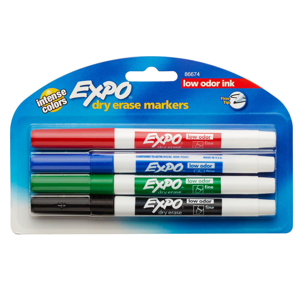 EXPO Low-Odor Dry-Erase Markers, Fine Point, Assorted Colors, Pack Of 4