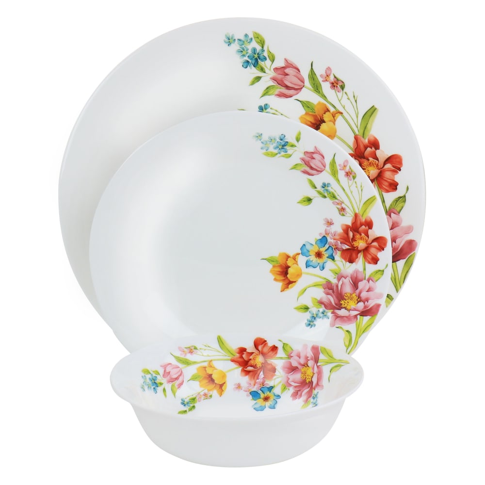 Gibson Ultra Blooming Rose 12-Piece Tempered Opal Glass Dinnerware Set, White