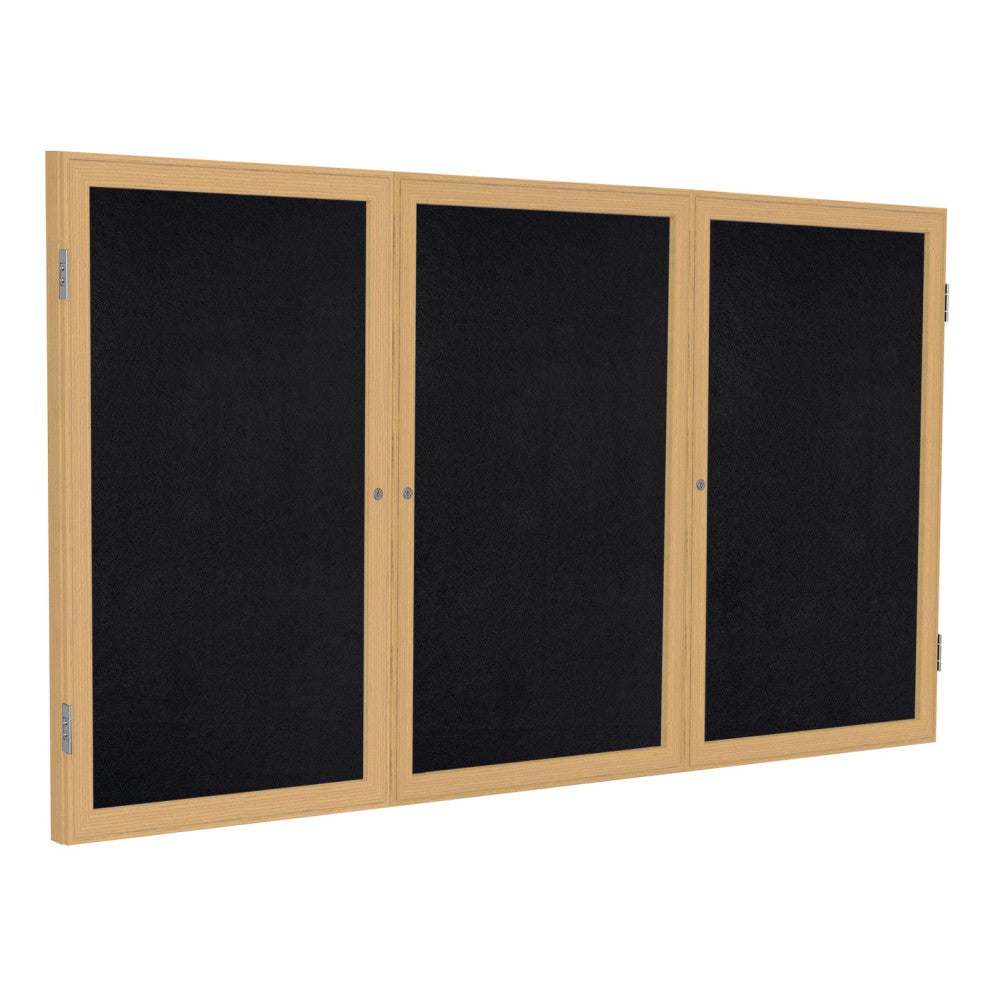 Ghent 3-Door Enclosed Rubber Bulletin Board, 48in x 96in, 90% Recycled, Black Oak Wood Frame