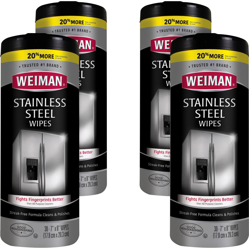 Weiman Stainless Steel Wipes - Wipe - 7in Width x 8in Length - 30 / Canister - 4 / Carton - White