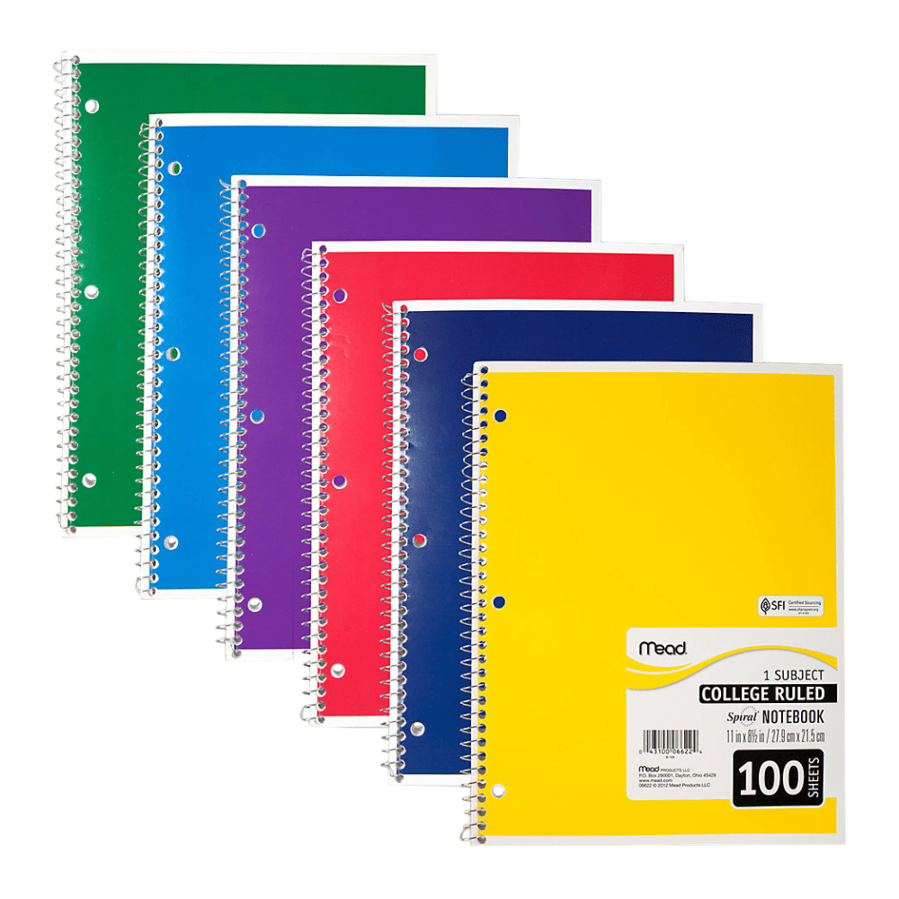 Mead Spiral Notebook, 8in x 11in, 1 Subject, College Ruled, 200 Pages (100 Sheets), Assorted Colors