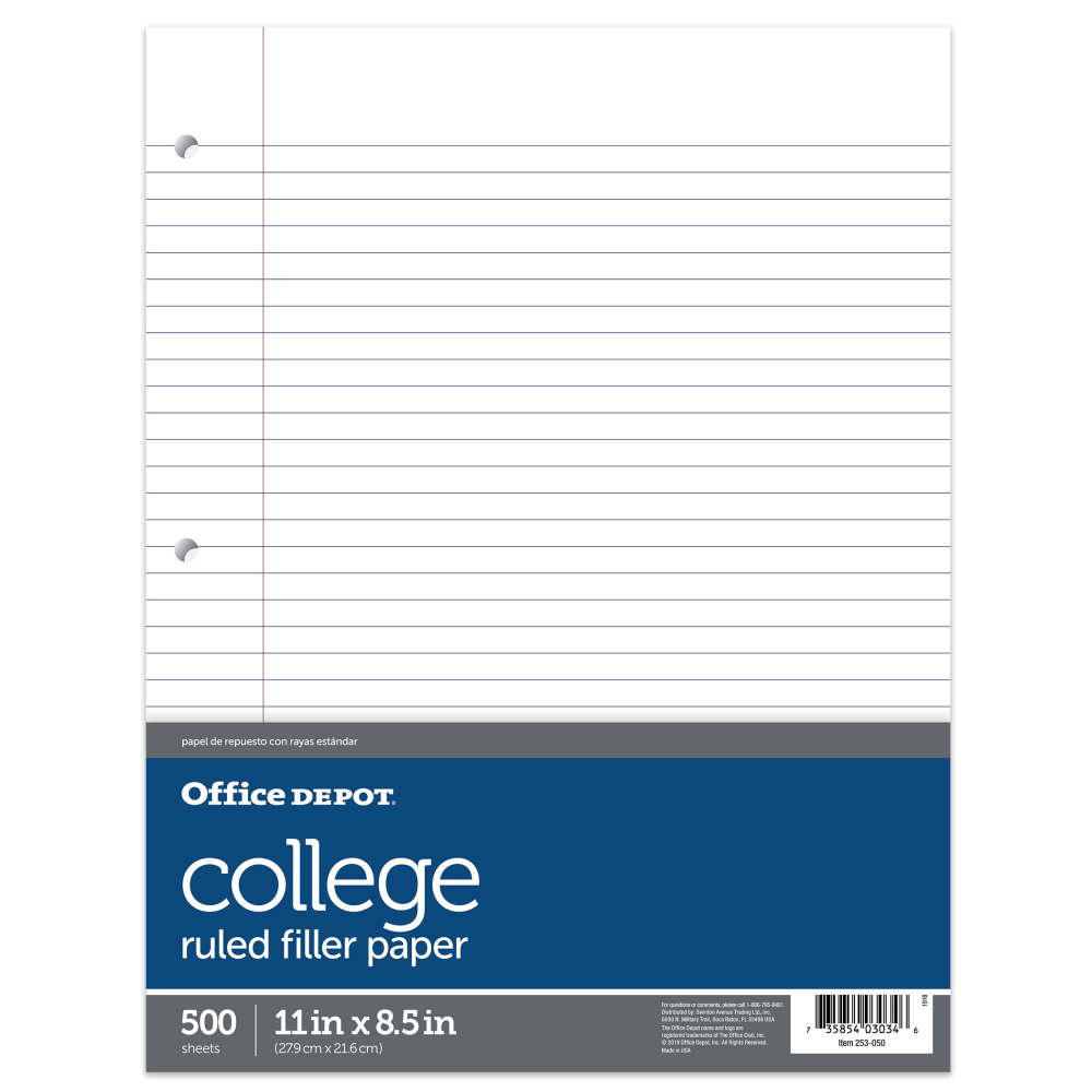 Office Depot Brand Ruled Filler Paper, 8 1/2in x 11in, College Ruled, White, Ream Of 500 Sheets