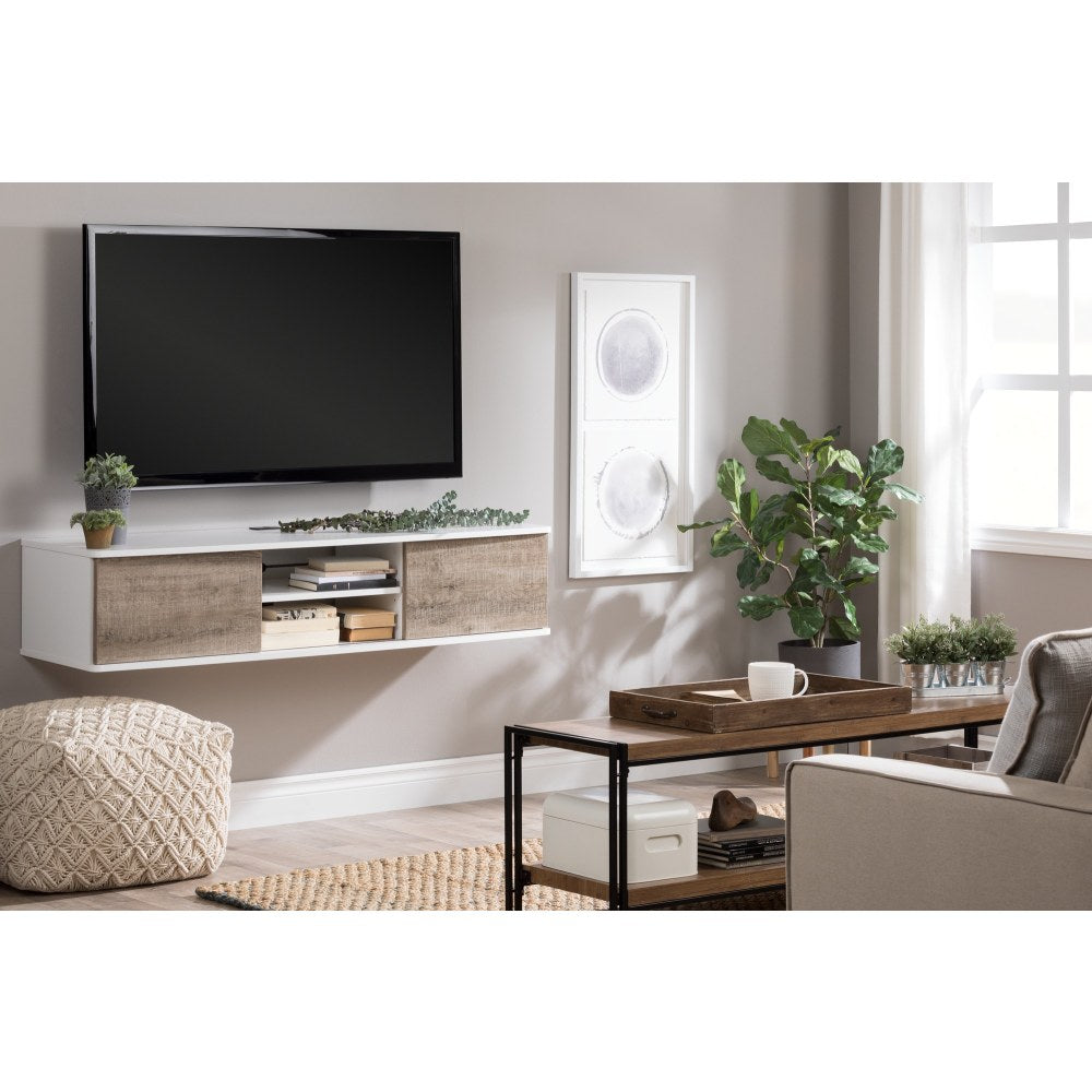 South Shore Agora Wall-Mounted Media Console, 11-1/2inH x 57inW x 17-3/4inD, Pure White/Weathered Oak