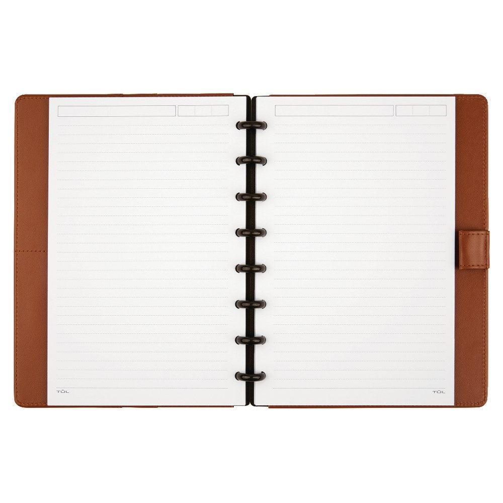 TUL Discbound Notebook With Leather Cover, Junior Size, Narrow Ruled, 60 Sheets, Brown