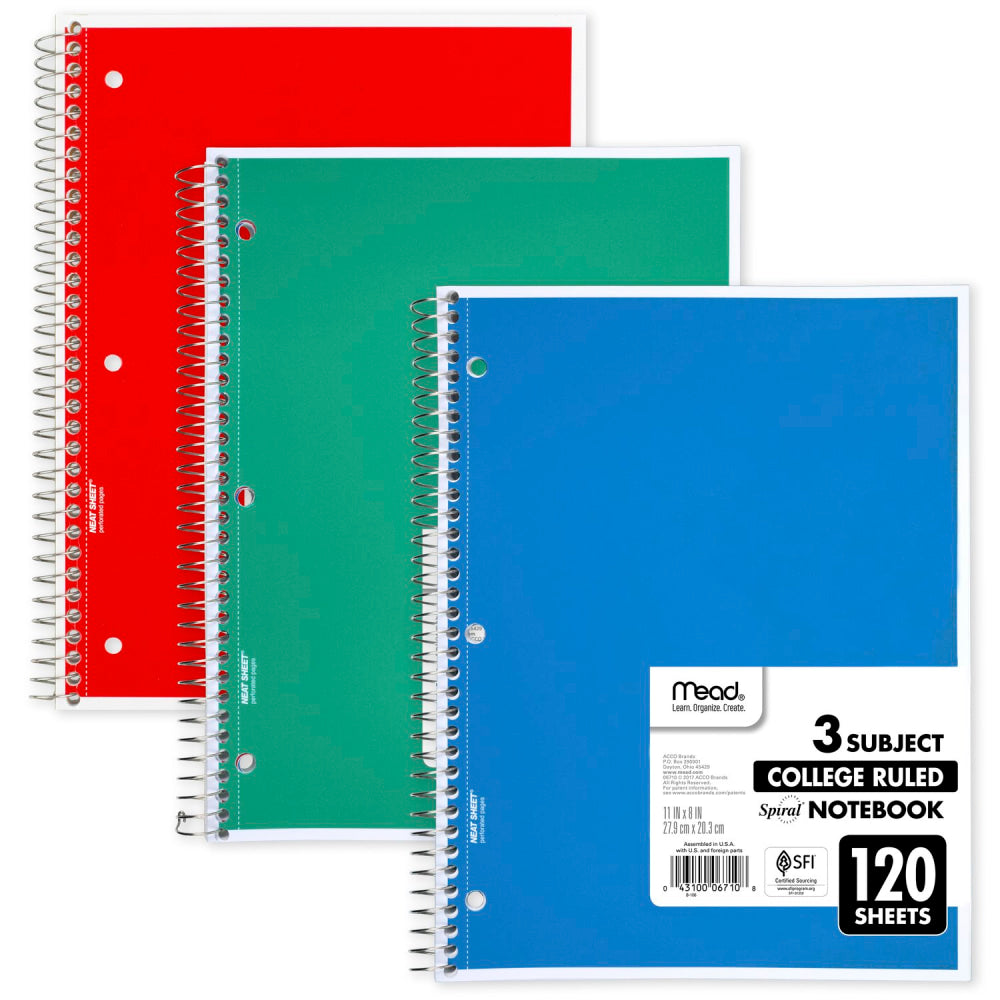 Mead Wirebound Notebook, 8in x 11in, 3 Subject, 120 Sheets, Assorted Colors