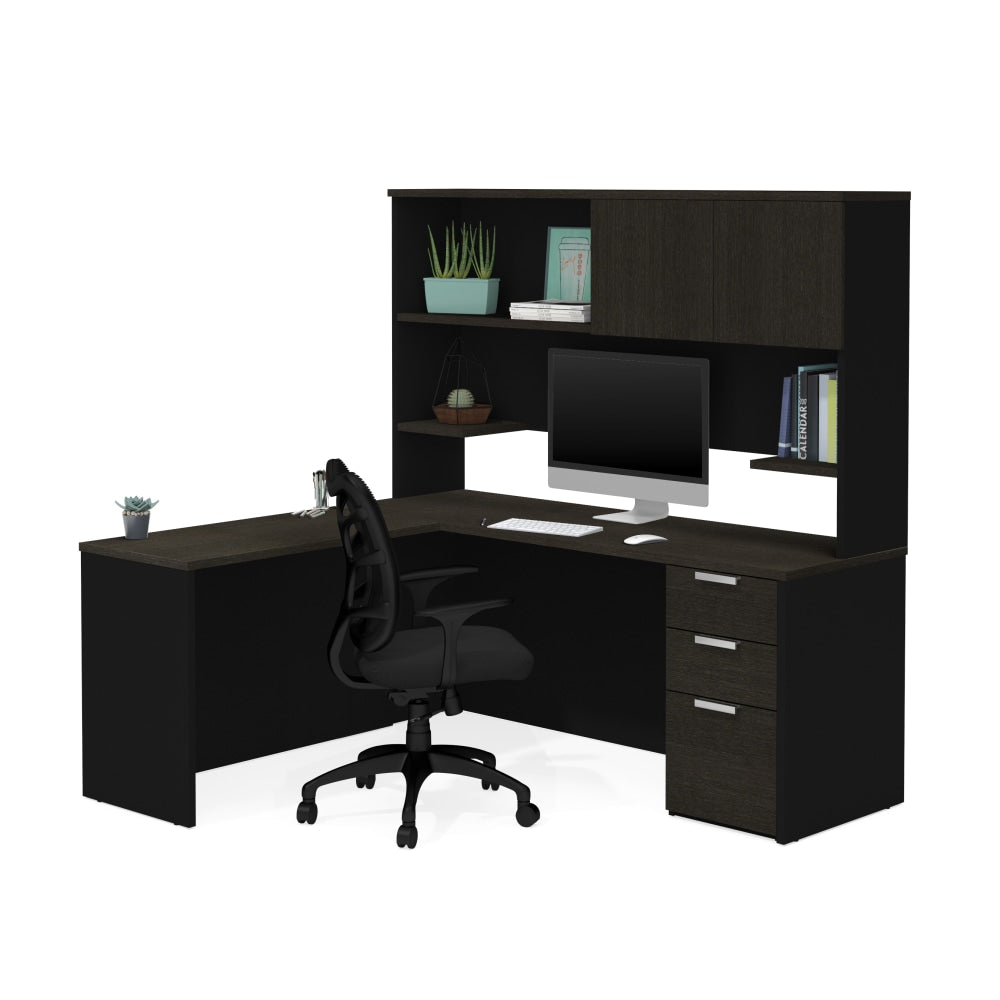 Bestar Pro-Concept Plus 72inW L-Shaped Corner Desk With Pedestal And Hutch, Deep Gray/Black