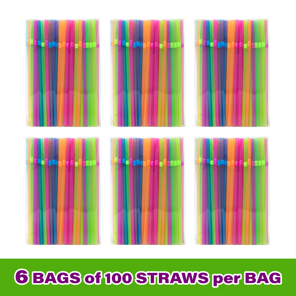 Neeto Flexible Plastic Neon Straws, Assorted Colors, Pack Of 600 Straws