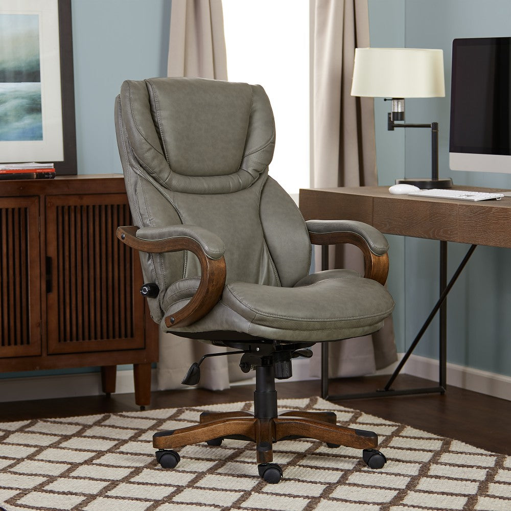 Serta Big & Tall Bonded Leather High-Back Office Chair With Wood Accents, Mindset Gray/Espresso