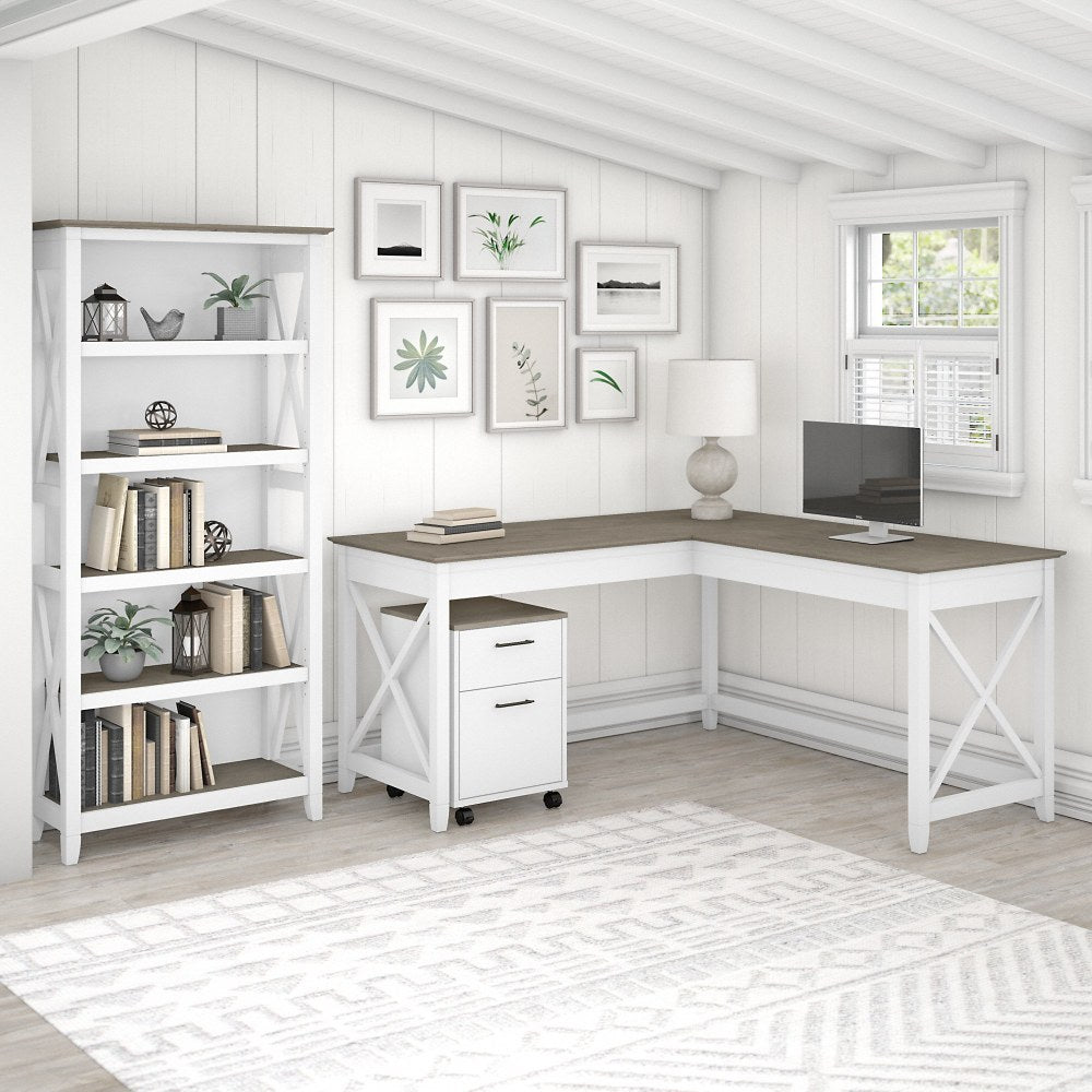 Bush Business Furniture Key West 60inW L-Shaped Corner Desk With 2-Drawer Mobile File Cabinet And 5-Shelf Bookcase, Shiplap Gray/Pure White, Standard Delivery