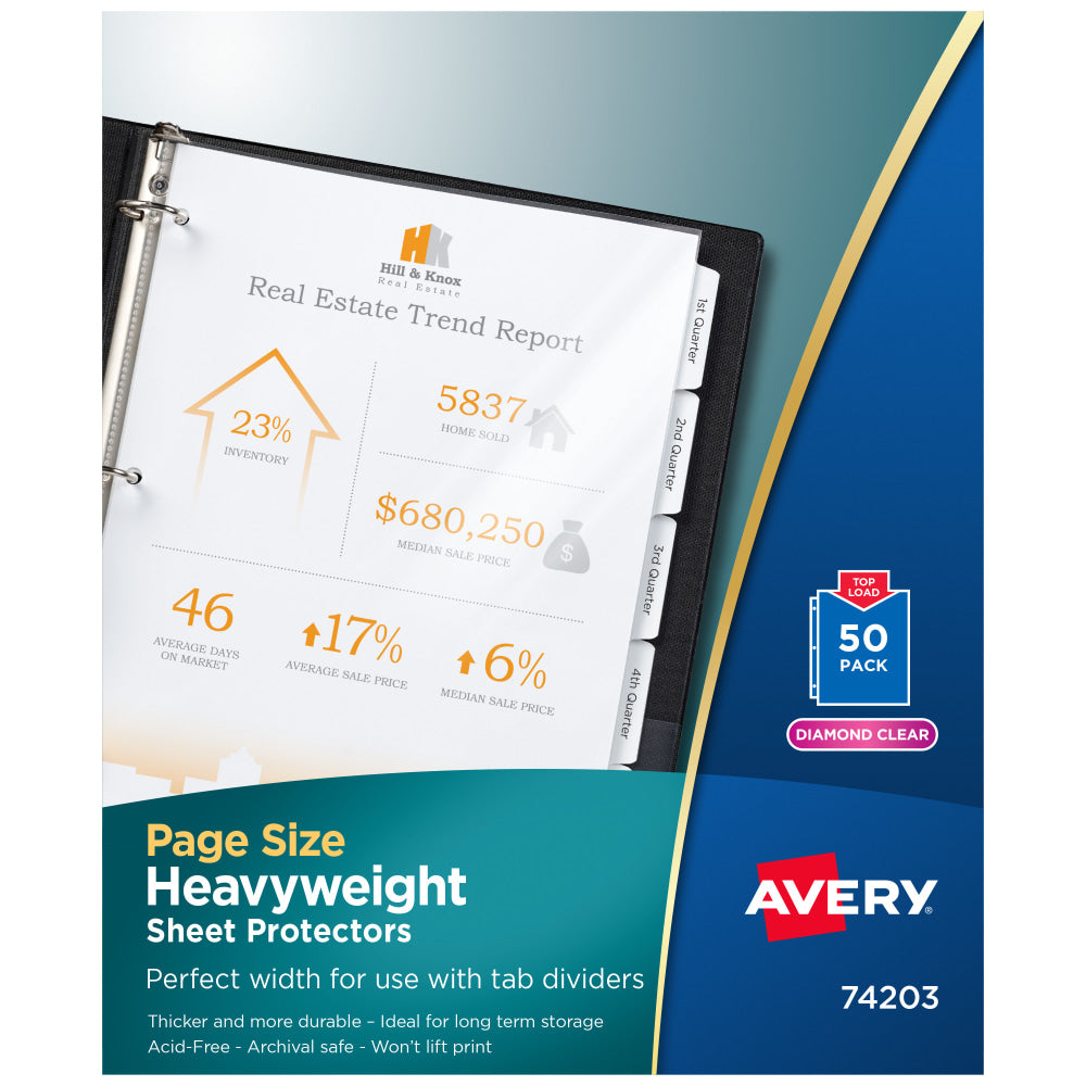 Avery Page-Size Sheet Protectors For 3-Hole Punched Sheets, Heavyweight, Clear, Box Of 50