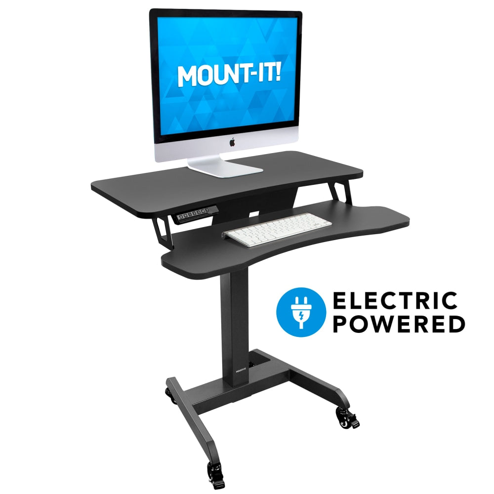 Mount-It! MI-7982 Electric Height-Adjustable Standing Mobile Workstation, 28inH x 35inW x 5-1/4inD, Black