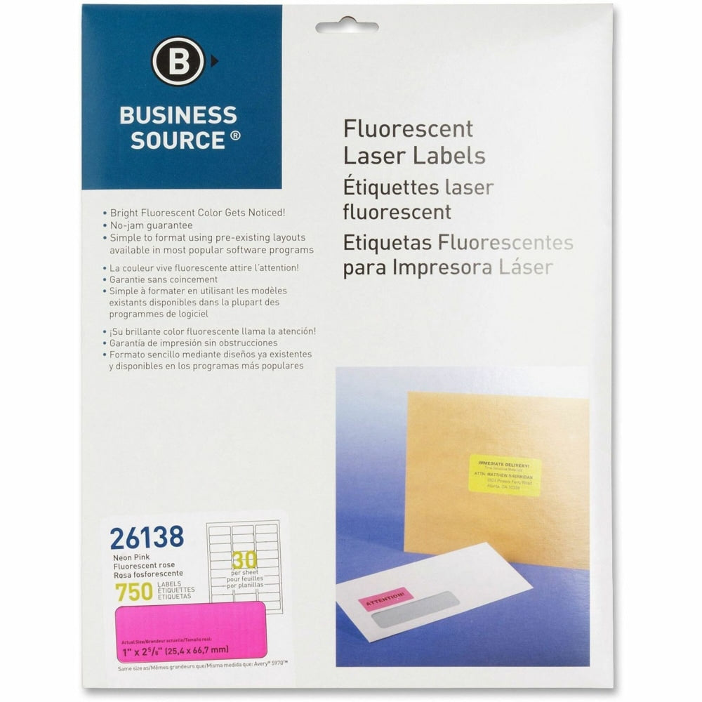 Business Source Neon Labels - 1in Width x 2 5/8in Length - Permanent Adhesive - Rectangle - Laser - Neon Pink - 30 / Sheet - 750 / Pack - Jam-free, Pressure Sensitive